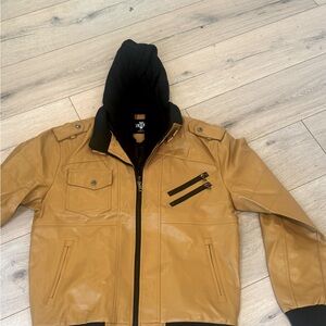 Pleather tan bomber style jacket with hood size Large NEW!
